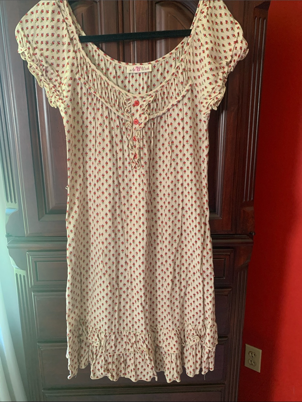 As U Wish Cream Midi Dress with Red Floral Motif